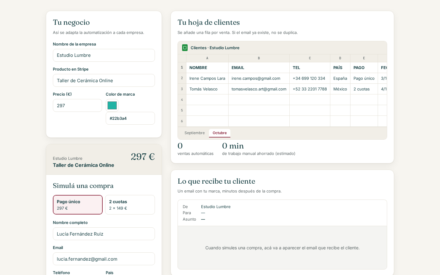 Demo de compra simulada con hoja de clientes y email de bienvenida